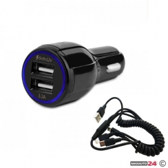 Универсално USB зарядно за кола с два порта и USB кабел 3 в 1 2011